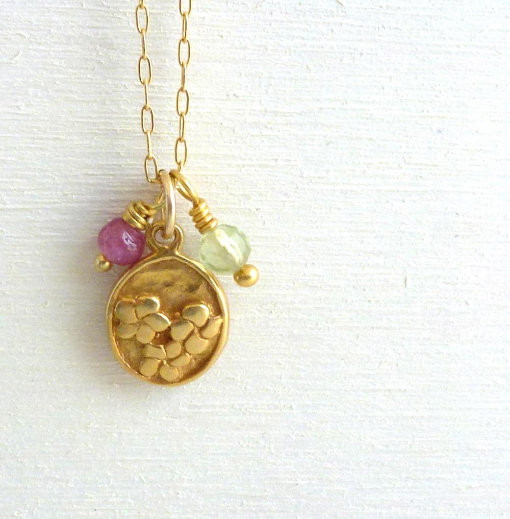 Flower Charm Necklace in Gold Filled with Pink and Green Tourmaline
