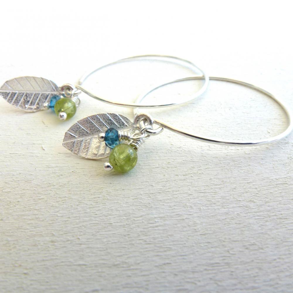 Leaf Charm Earrings in Sterling Silver with Green Peridot and Blue Quartz
